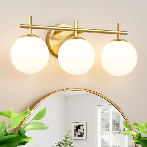 Brushed Gold 3-Light Bathroom Vanity Light Fixture with White Glass Globes - Variation of Brushed Gold / 3-Light