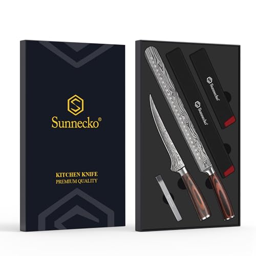 Sunnecko BBQ Carving Knife Set - 12 Inch Slicing & 7 Inch Boning Knife with Pakkawood Handles - Variation: 12 Inch Carving Knife with 7 Inch Boning Knife