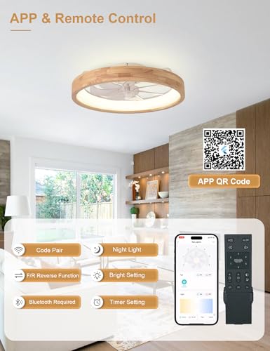 20-Inch Wooden Modern Low Profile Flush Mount Ceiling Fan with Light - Variation: Wood