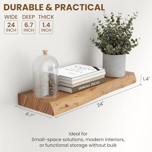 Natural Elm Wood Floating Shelves - Live Edge Wall Mount 24" 2 Pack