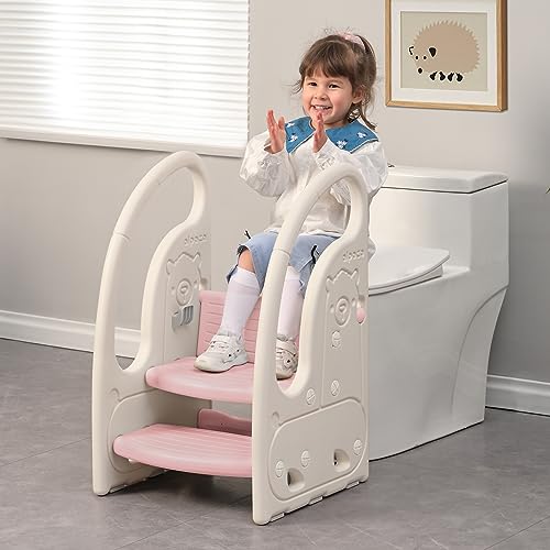 Pink Kids 3-Step Toddler Learning Tower Stool & Chair for Kitchen & Bathroom