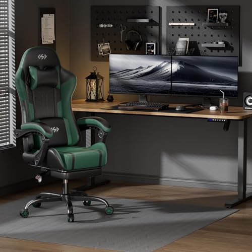 Gaming Chair with USB Massage Lumbar Support - Black & Green High Back Ergonomic Seat