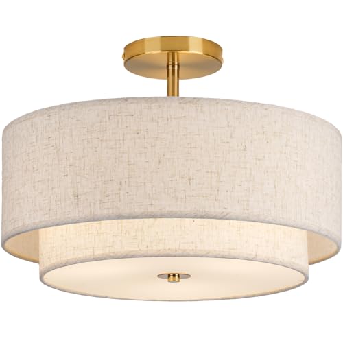 CALOKES 16-inch Gold Double Drum Semi-Flush Ceiling Light with Fabric Shade