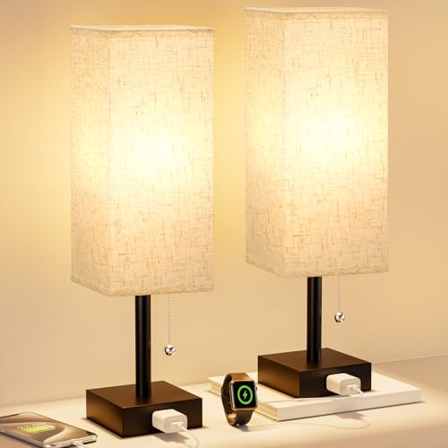 Fenmzee Cream Bedside Lamp Set of 2 - Small Nightstand Lamps with 3-Color Temp & USB Outlets