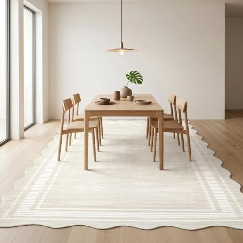 Garvee Beige 8x10 Scalloped Area Rug Non-Slip Washable Living Room Rug