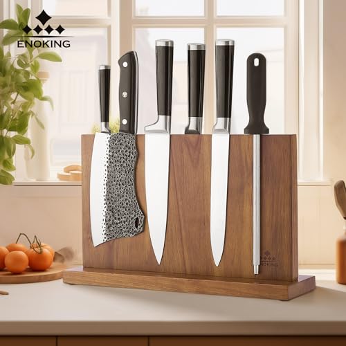 Large Magnetic Knife Block - 15x9 Inches Acacia Wood Knife Holder with Double-Sided Magnet