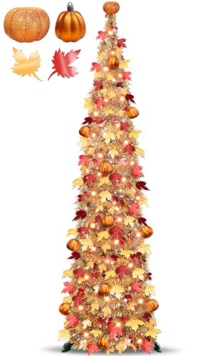 5 Ft Fall Decor Artificial Tree with Warm White String Lights and Pumpkin Topper