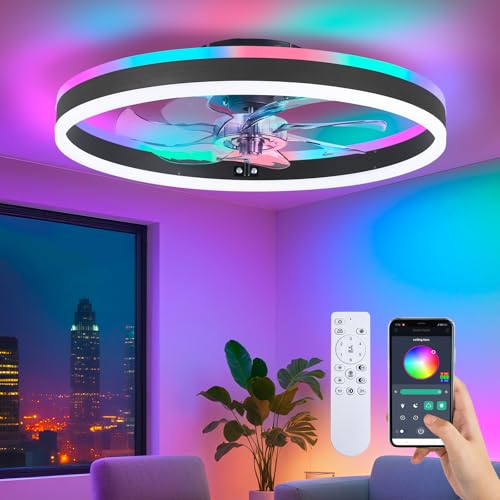 RGB Ceiling Fan with Light - Black Low Profile Flush Mount, Remote & App Control