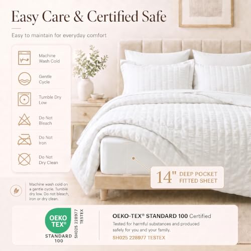 White Oversized King Comforter Set 120x98 in - CozyLux 7-Piece Seersucker Bedding