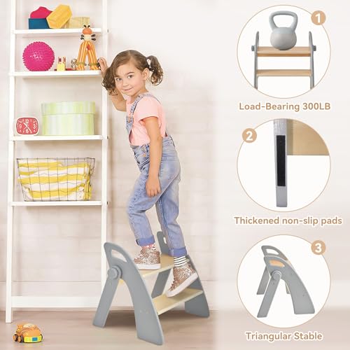 Wooden 2 Step Stool for Kids Bathroom Sink - Foldable Non-Slip Child Step Stool - Grey St-Gray