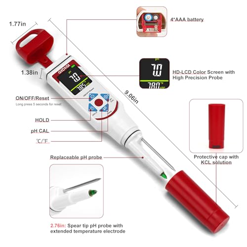 Red Food pH Meter with ATC & Spear Probe for Fermentation & Meat Testing