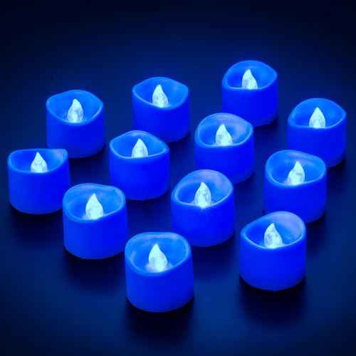12 Pack Flameless Blue Tea Light Battery Operated, Blue Flickering Flame LED Votive Tealight, Outdoor Electric Fake Candles Bulk for Wedding Blue Party Birthday Halloween Christmas Decorations