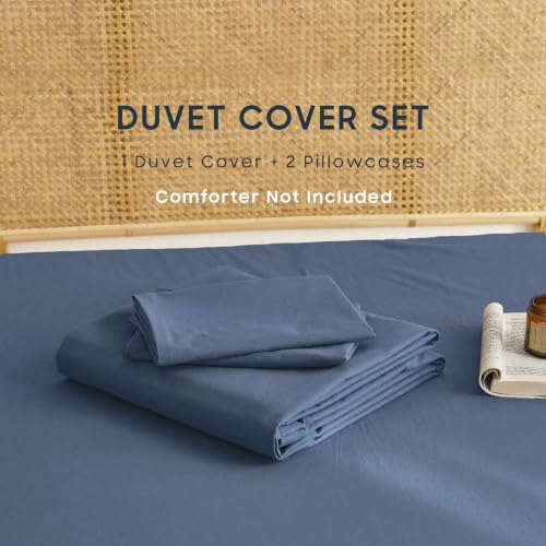Queen Cotton Duvet Cover Set - Dark Blue, 100% Washed Cotton, Linen Look, Breathable & Durable, Farmhouse Style