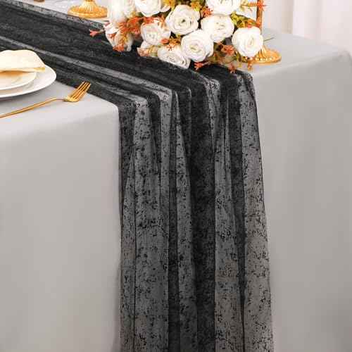 Snowkingdom Black Table Runner, 10FT Sheer Tulle Gauze Metallic Mesh Foil Table Decoration for Halloween, Thanksgiving, Party, and Christmas, Bridal, Baby Shower