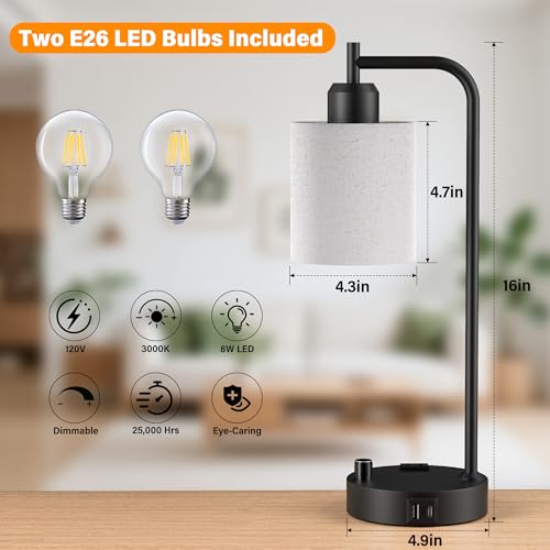 Beige Industrial Table Lamps Set of 2 - Dimmable Bedside Lamps with USB Ports and Outlet