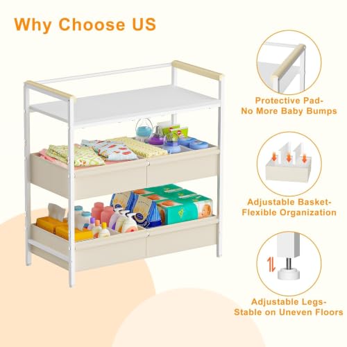 Baby Changing Table with Safety Bumpers & Adjustable Storage - Nursery Dresser