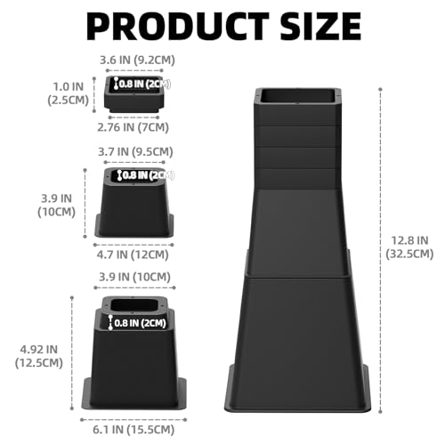 VANITURE 12-Inch Heavy Duty Adjustable Bed Risers Set of 4, Black, Supports up to 1500 lbs
