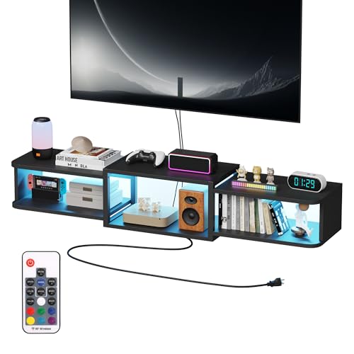 Qupui 47.3-Inch Floating TV Stand with LED RGB Lighting, USB Charging, Black