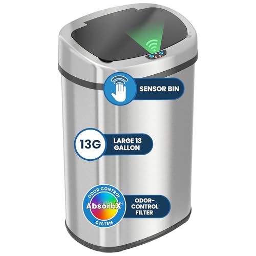 Touchless Kitchen Trash Can 13 Gallon Oval Sensor Bin with Odor Filter - Brushed Silver