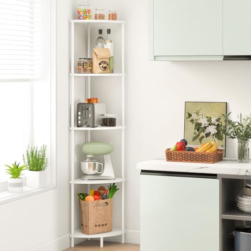 Yoobure White Corner Shelf Stand 5-Tier Tall Bookshelf for Bedroom & Living Room