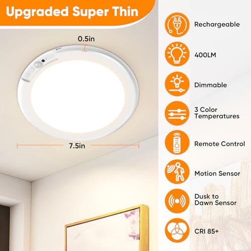 Rechargeable Motion Sensor Ceiling Light - White 3CCT, 7-Inch 8000mAh Battery