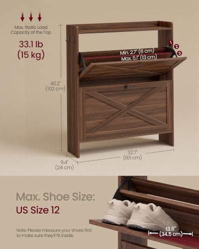 VASAGLE Narrow Shoe Storage Cabinet Organizer Chestnut Walnut, 2 Flip Drawers
