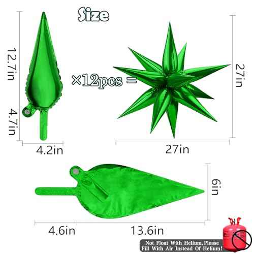 Moukiween 60 PCS Green Star Balloons, 12 Point Cone Explosion Star Foil Balloons for Christmas, Birthday, Wedding, St. Patrick's, Safari Jungle Decorations (Green)