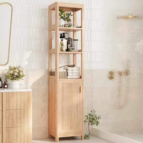INNOD Model-A 68-Inch Narrow Bathroom & Kitchen Tall Storage Cabinet with Adjustable Shelves, Natural Oak Finish