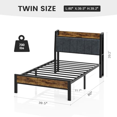 Twin Size Bed Frame with USB Charging Station & Smart LED Lights - Gray Upholstered Headboard
