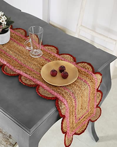 Madhu International Handwoven Jute Table Runner 13x48 Inch with Pink & Red Border, Scalloped Edge, Farmhouse & Boho Decor