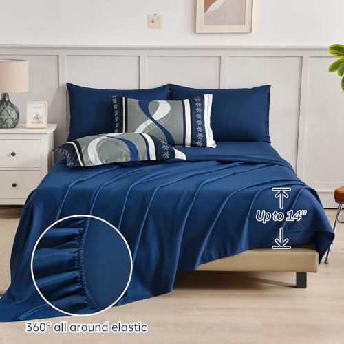 King Size Comforter Set Navy Blue Boho Bed in a Bag - Patchwork Design