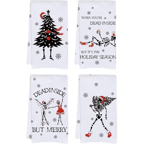 Skeleton Christmas Kitchen Towels 4-Pack - Gothic Black White Red Cotton Dish Towels