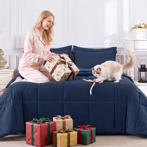 Twin XL Comforter Set Navy Blue 5-Piece Bed in a Bag - CozyLux