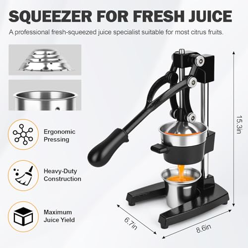 Black Lemon Squeezer Manual Citrus Juicer Press Cast Iron & Stainless Steel