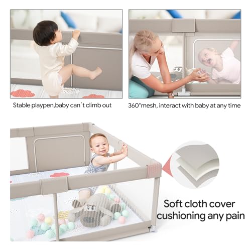 Baby Playpen with Mat - 59x59in Safety Play Yard for Toddlers, Grey