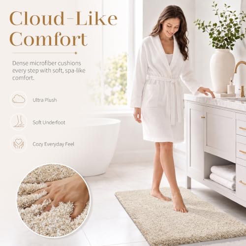 Yimobra Non Slip Washable Plush Bathroom Rug 36x24 Inches - Light Beige & White