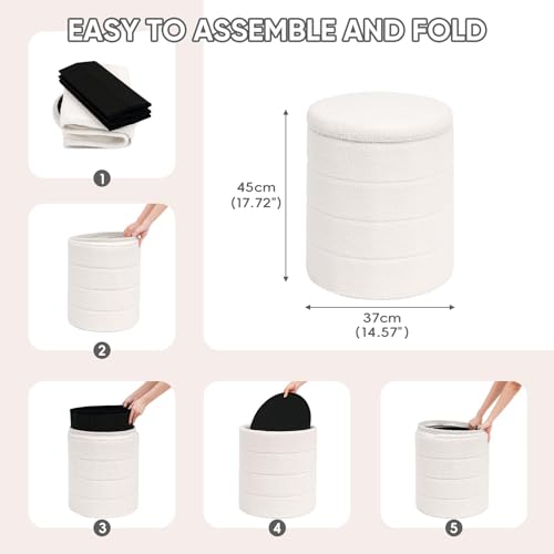 PINPLUS Cream Round Folding Storage Ottoman with Tray - 14.6 Inch Diameter