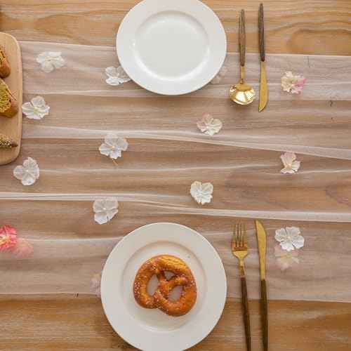 Romantic Artificial Floral Table Runner 10ft Gauze Tulle Lace Table Runner Set for Wedding Baby Shower Bridal Shower Holiday Kitchen Dining Table Decoration for Home Party Special Occasion