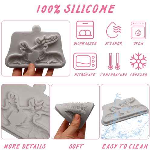 Christmas Reindeer Silicone Molds Set, Reindeer and Pine Tree Fondant Molds, Holly Leaves Cake Decorating Tools