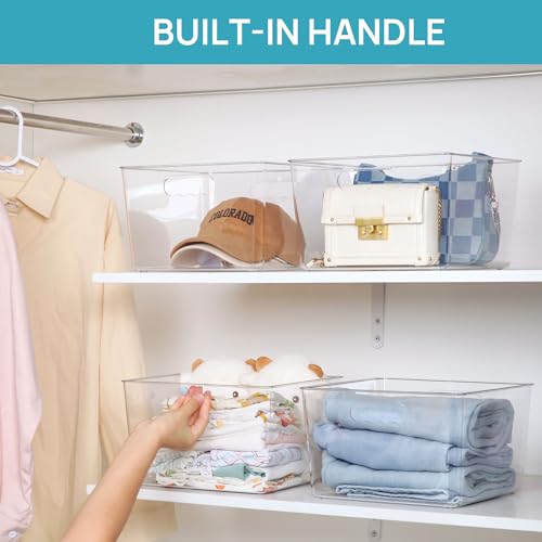 11x11 Inch Clear Plastic Storage Bins - 8 Pack Cube Organizer with Handles