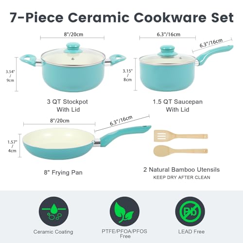 Non-Stick Ceramic Pots and Pans Set 8" Skillet + 1.5QT Saucepan + 3QT Stockpot - Turquoise