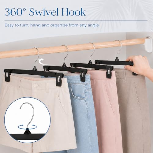 Smartor 60 Pack Black Pants & Skirt Hangers with Clips, 12 Inch, Heavy Duty Non-Slip Clamps