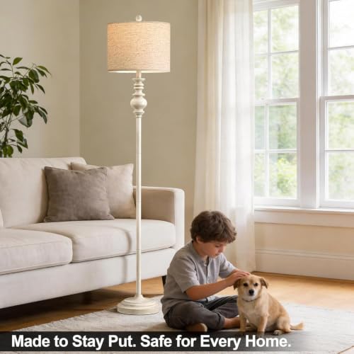 Farmhouse Floor Lamp 64.25-Inch Tall Antique White Standing Light for Living Room & Bedroom - Rustic Corner Lamp with Rotary Switch