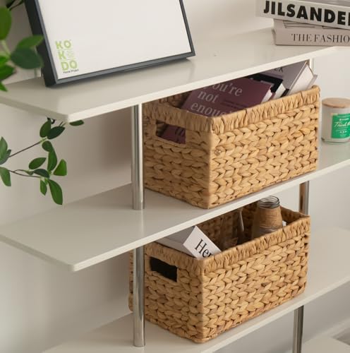 KOKODO Natural Water Hyacinth Wicker Storage Basket Set of 2 - Medium, 12.5"L x 7.5"W with Handles & Chalkboard Labels for Pantry & Home Organization