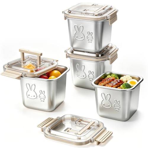 Stainless Steel Lunch Box Set with Handle Lids - 4 Pack, Leakproof, 850ml, Reusable Food Containers with Rabbit Print