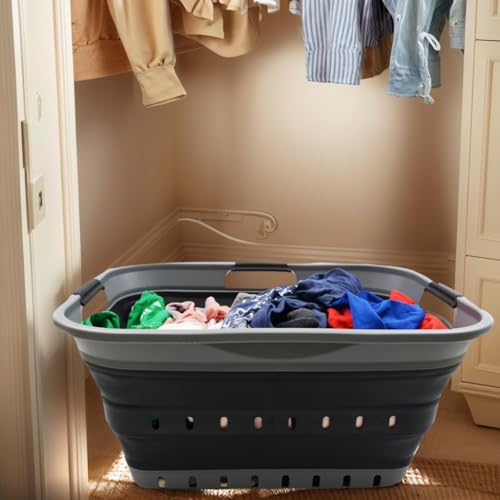 Collapsible Laundry Basket with Handles - 42L Space Saver Storage Bin - Grey/Black