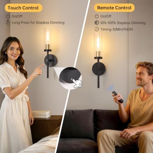 Rechargeable Wall Sconce Set of 2 Black & Gold with Clear Glass Shade - Remote Control, 5200mAh Battery, 3 Color Temperatures, No Hardwiring