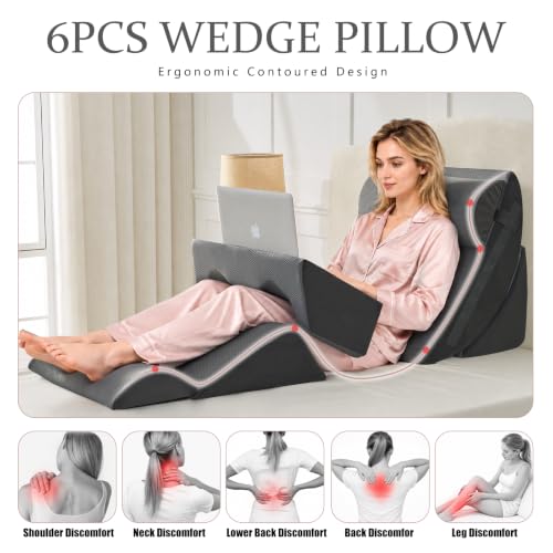Yojoker 6-Piece Memory Foam Wedge Pillow Set for Post-Surgery & Comfort