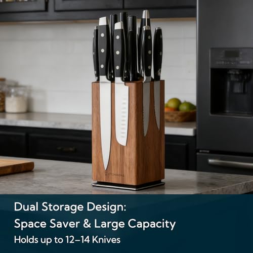 Magnetic Knife Block with Removable Insert - 360° Rotatable Acacia Wood Knife Holder, Large Capacity Kitchen Organizer