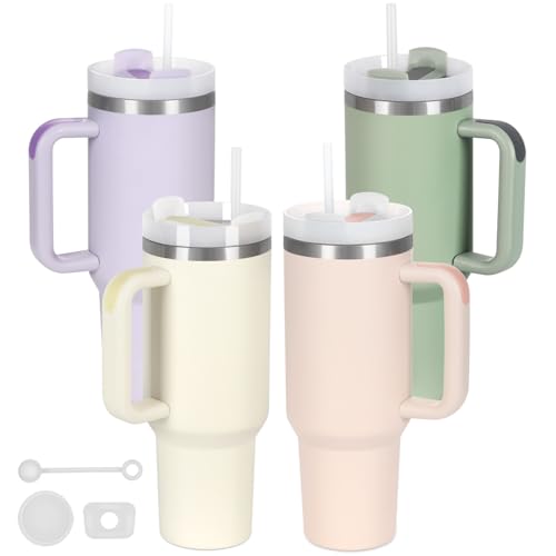 Temolulu 4 Pack 40 Oz Stainless Steel Tumbler with Handle & Lid - Cream, Purple, Green, Rose Quartz